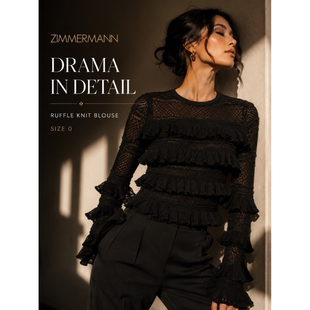 Zimmermann Black Ruffle Knit Lace Blouse Size 0 | Romantic Statement Top